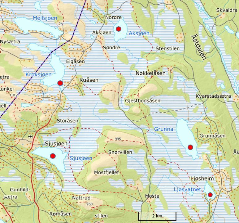 2 Materiale og metoder 2.1 Innsjøer Fysisk-kjemiske forhold Fra de fem «fjellsjøene» Ljøsvatnet, Grunna, Aksjøen, Kroksjøen og Sjusjøen ble det samlet prøver den 3. juli og den 28. august.
