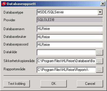 Fyll så ut med informasjonen som du har benyttet og angitt tidligere. I datakilde så skal navnet på maskinen hvor MSDE / SQL Server databasemotoren kjøres fylles inn.
