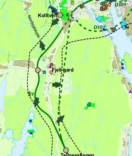 nye sambandet. Fjell gard er det gamle kommunesenteret i Fjell med kyrkje, butikk og skule. Landbruksareala ligg heilt inn til sentrum og området er prega av spreidd landbruksutbygging.