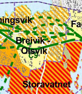 21b: Verdikart Breivik- Olsvik Omfang og konsekvens Alternativ C8, C7 og C11 går fram til Storavatnet i tunnel og vil fjerne ein del trafikk frå dagens rv 555 og slik sett redusere barriereverknaden