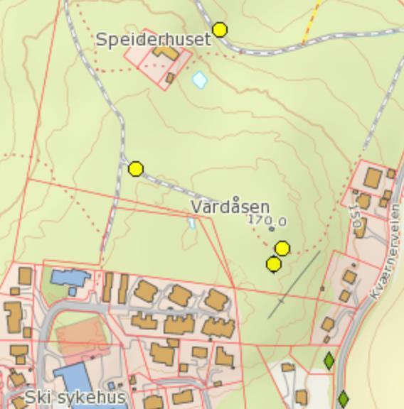 Figur 11 Truede arter på norsk rødliste(gul prikk), fremmede arter(grønn rute) Miljøstatus.no 3.