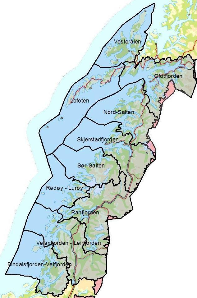 1. Vannregion Nordland Vannregion Nordland strekker seg i all hovedsak fra fylkesgrensen mot Nord-Trøndelag i sør til fylkesgrensen mot Troms i nord, og fra svenskegrensen i øst og til 1 nautisk mil