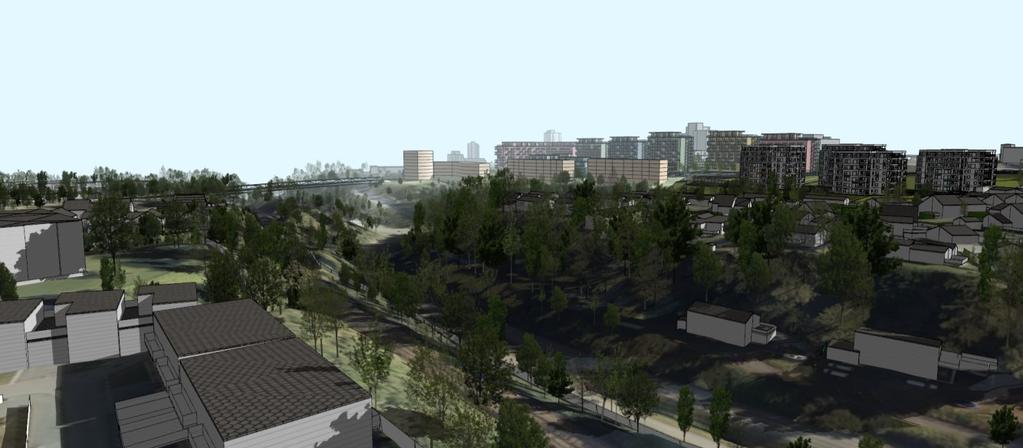 3D-illustrasjon som viser modeller fra pågående planarbeid innenfor tre planområder på Rosten, sammen med planlagt ny gang- og sykkelbro.