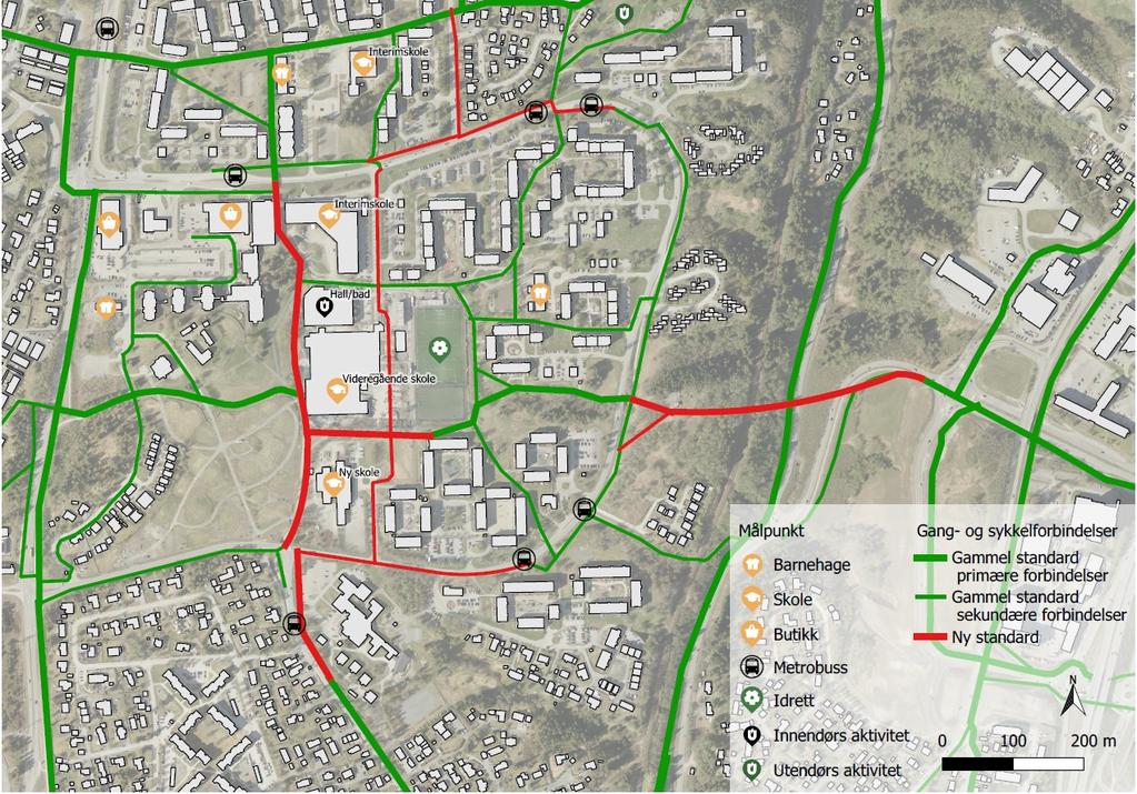 Kart som viser dagens gang- og sykkeltilbud i område (Trondheim kommune). Røde linjer er tilbud som er nylig bygget, under bygging eller planlagt bygget innen 2021.