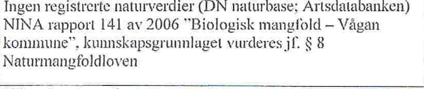 Etter en ytterligere gjennomgåelse er vi kommet frem til at gjennomføring av denne reguleringsplanen berører ikke - verneområder eller nærområder til verneområder - utvalgte naturtyper eller