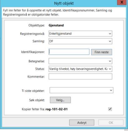Register nytt objekt fra menypunkt velg Gjenstand Registrer ny, registrer nytt identifikasjonsnummer: Rog-xxx(ditt brukernavn)-04 (eksempel: rog-101-04)
