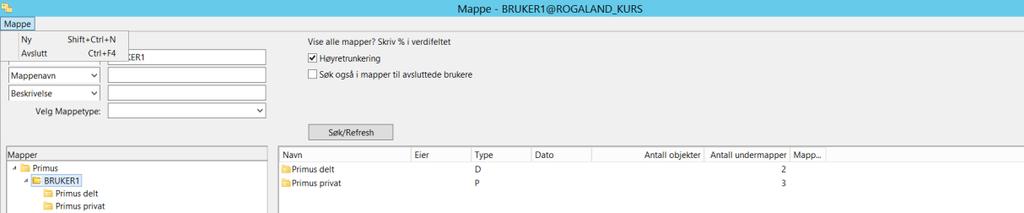 1. Opprett mapper og legg til objekter OPPGAVE 1A Info: Mappetype Mappenavn Primus delt I denne oppgaven skal du øve deg på å lage mappe og legg til objekter i mappe.