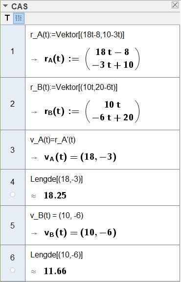 Oppgave 3 (6 poeng) Posisjonen til to båter A og B er gitt ved A r ( t) 0 t, 0 6t r ( t) 8t 8, 0 3t B Alle lengdemål er gitt i kilometer, og tiden t er gitt i timer.