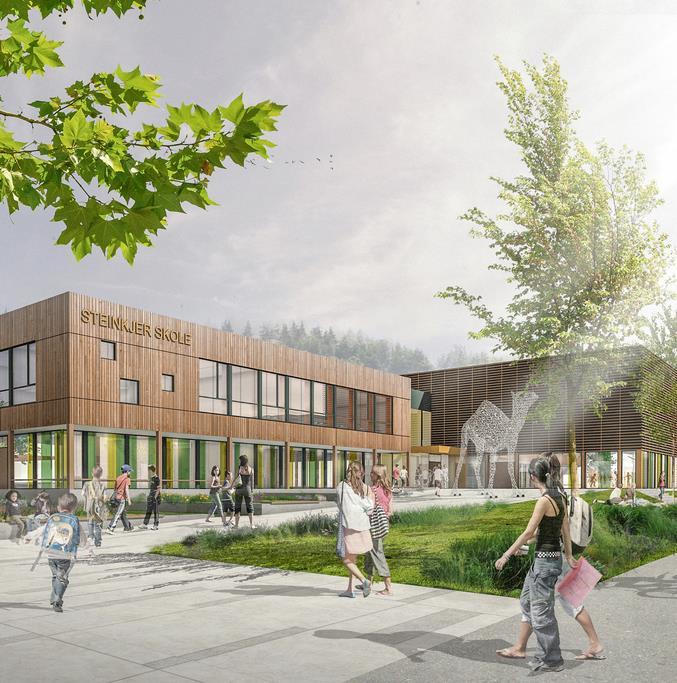 Steinkjerbygg KF: Nye Steinkjer skole med idrettsanlegg Skole for 400 elever på 1.- 7. trinn, bygges i limtre, massivtre og lavkarbonbetong.