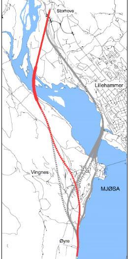 21 1.3.9 Delstrekning ll - Alternativ II-C-2-C tunnel Riselandet sør,med adkomst til byen i tunnel Det etableres kryss med kun sørvendte ramper som tilknytning til Lillehammer fra sør.