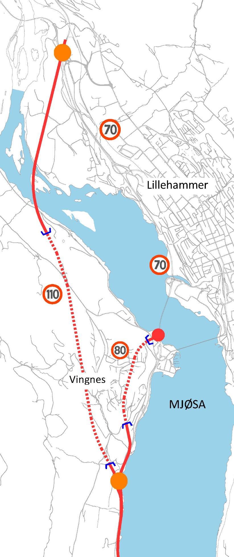 22 1.3.10 Delstrekning ll - Alternativ II-C-2-D tunnel Øyresvika,med adkomst til byen i tunnel Det etableres kryss med kun sørvendte ramper som tilknytning til Lillehammer fra sør.
