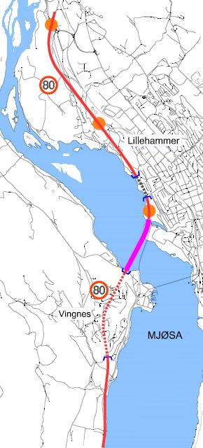 55 Alternativ II-A-2-B, tunnel fra Øyresvika nord og bru over Lågen fra Leirvika Alternativet legges i tunnel under Vingar og følger eksisterende veg fra Mesna fram til Storhove.