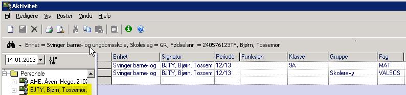 Aktivitetene som er registrert på personen vises i arket 4. Klikk på hvitt ark på verktøylinja, eller CTRL + N, for å legge inn en ny rad i arket 5.