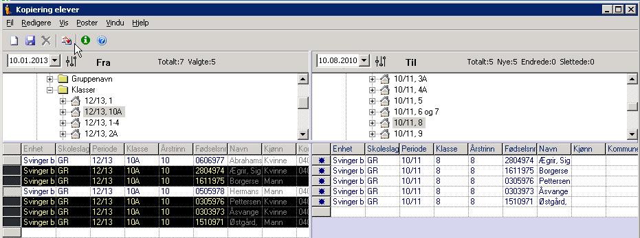 Dersom det er elever som ikke skal være med over til neste periode, holder du CTRL-knappen nede mens du trykker på den grå knappen foran i raden. Raden blir da hvit og eleven vil ikke bli kopiert 4.