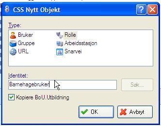 Her skriver du inn navnet på den nye rollen under Identitet og passer samtidig på at du setter en hake foran valget: Kopiere BoU.Utbildning.