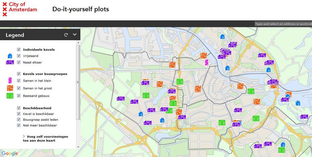 56. Kommunens kartportal viser tilgjengelige selvbyggertomter i byen, per mai 2016 (Gemeente Amsterdam, 2016a) 57.