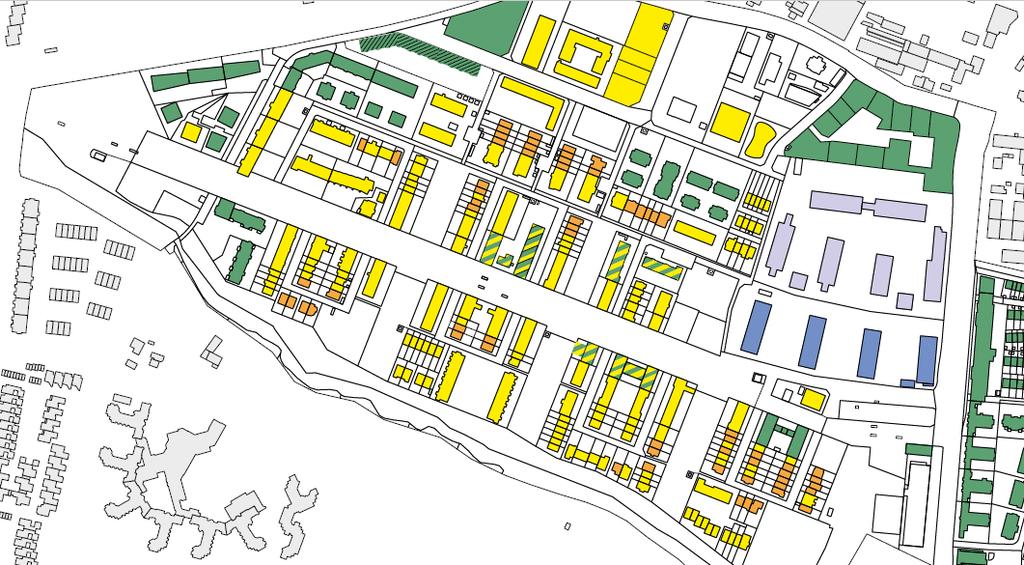 16. Kart over Vauban - boliger utviklet av byggfellesskap vist med gult (Baugruppen), mens individuelle selvbyggere er vist med oransje (Einzelbauherren).