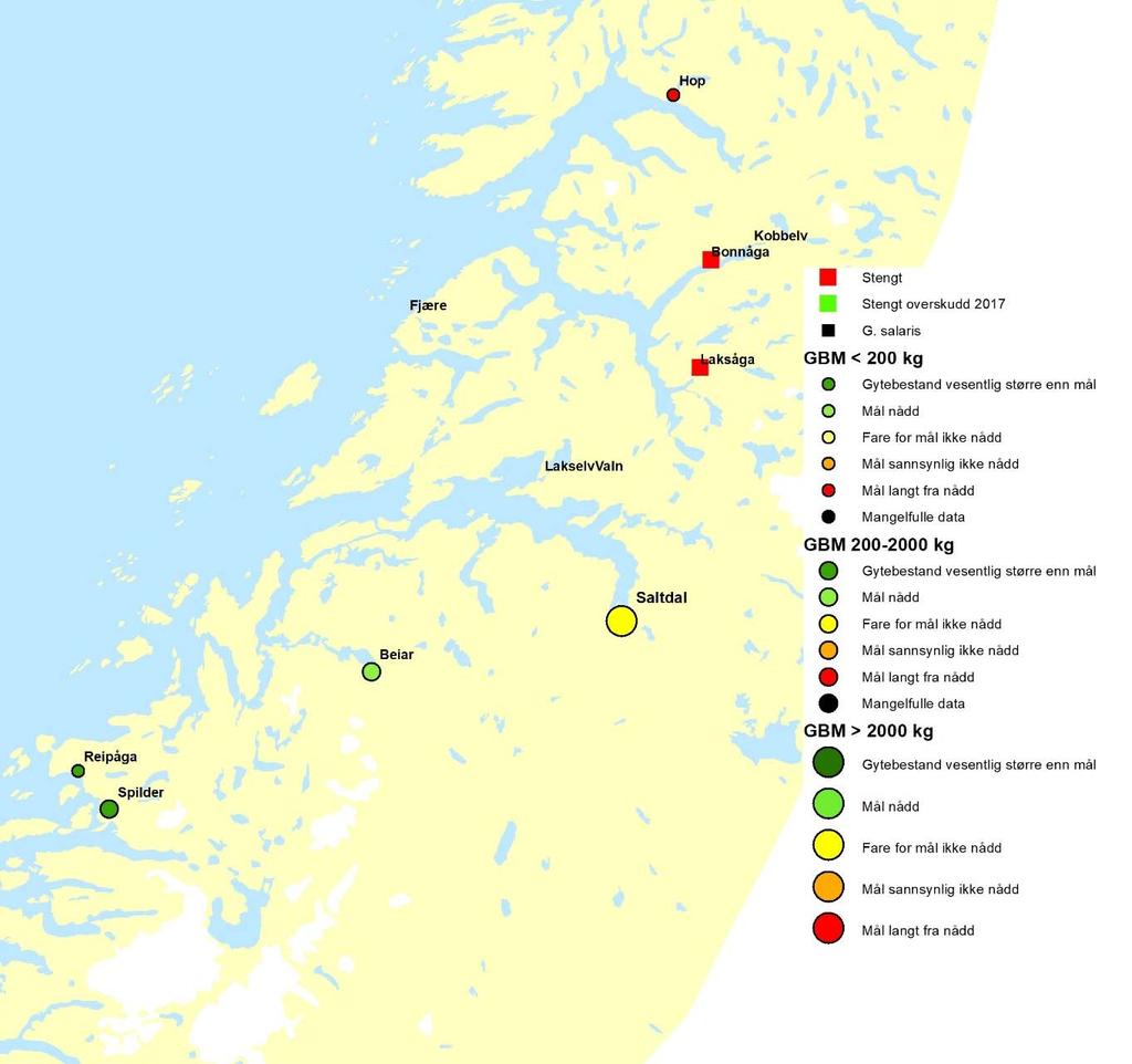 Figur 3.15. Kart over vurderte laksevassdrag i midtre del av Nordland med oversikt over beskatningsråd.