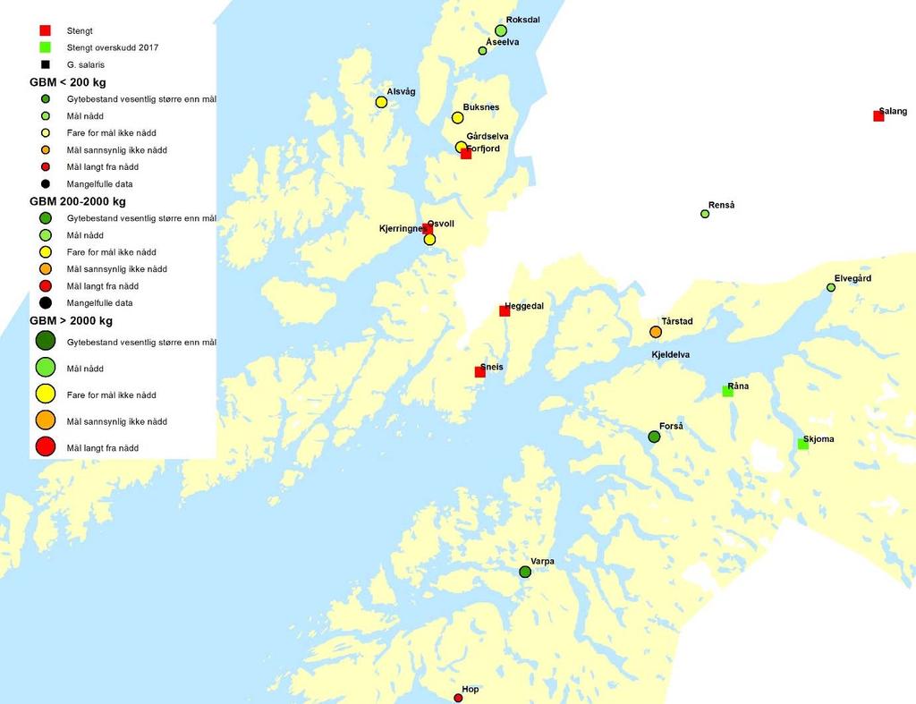 Figur 3.16. Kart over vurderte laksevassdrag i nordlige del av Nordland med oversikt over beskatningsråd.