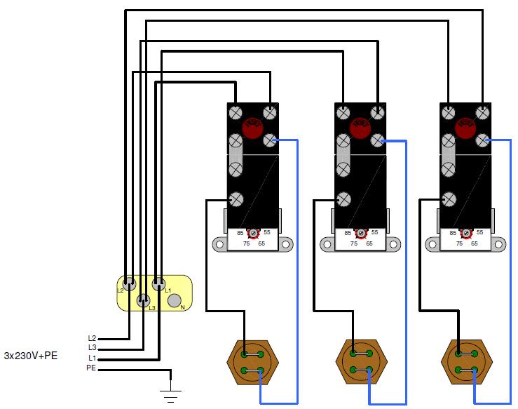 ELEKTRISK TILKOBLING JORDFEILBRYTER SIKRINGSSTØRRELSE Prinsippskisse av termostater, termostatinnstilling kan variere Jordfeilbryter For Elektrisk