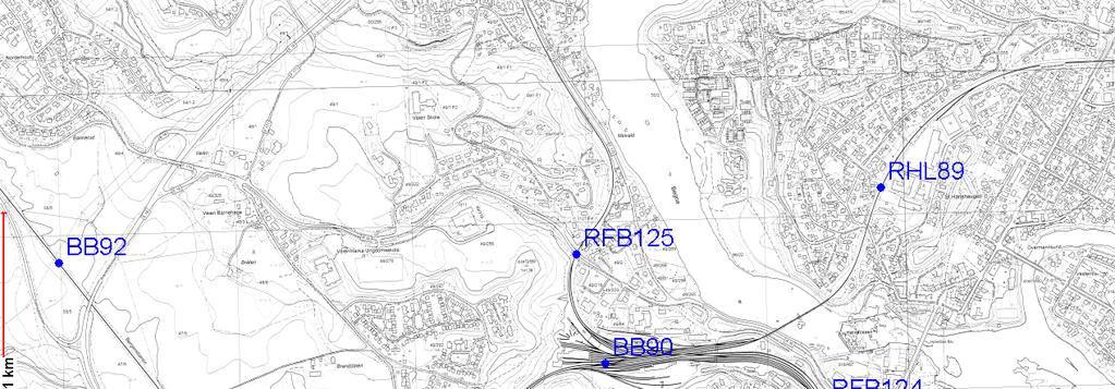 Framtidig banestrømforsyning Gjøvikbanen Side: 7 av 71 Figur 4 Hønefoss stasjon på km. 90,0 2.3 Matesituasjon på Gjøvikbanen Mellom Lunner omformerstasjon og Gjøvik (ca.