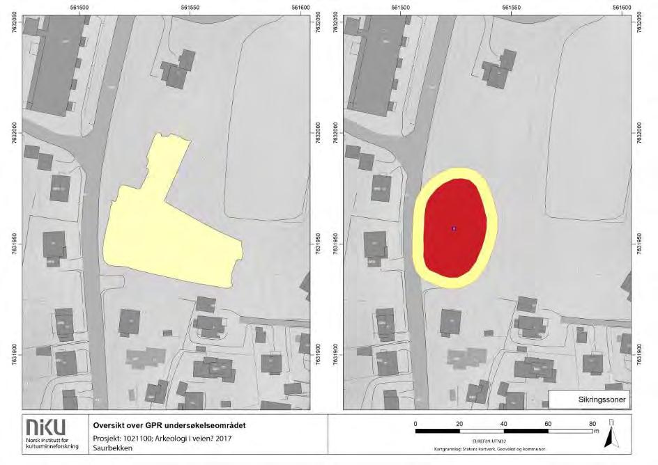 Figur 9 GPR undersøkelsesområde Saurbekken inkl. registrerte arkeologiske områder 2.8 Område 8 Trondenes / Harstad Område 8 bestod av to delområder.