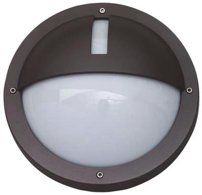 Vegglampe Uno LED vandalsikker, SG Vandalsikker LED IP65 armatur (IP44 med fotocelle) med halvskjerm som styrer lyset nedover og til siden. Åpning på toppen av halvskjermen gir fin lyseffekt.