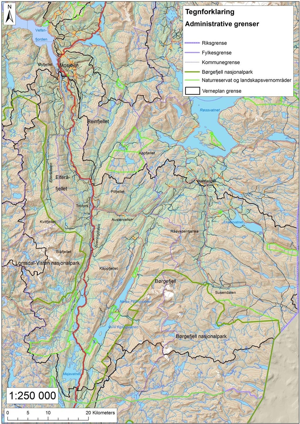 1.4.1 Vefsna-vassdragets nedbørfelt og administrative grenser Figur 2. Nedbørfeltet til Vefsna er markert med svart strek.