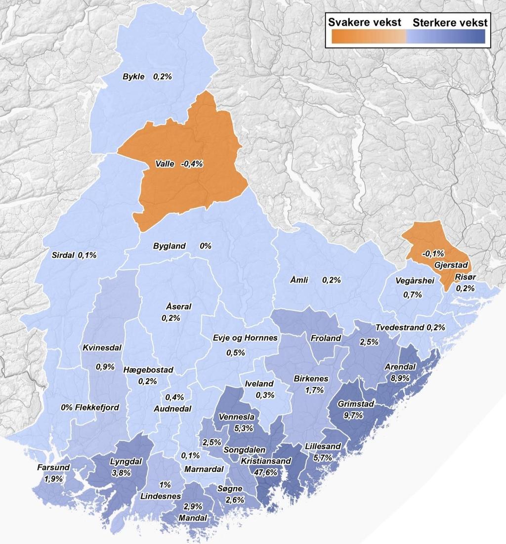 Vi blir flere 2013 2018: 87 % innenfor Kristiansandsregionen og i Arendalsregionen.