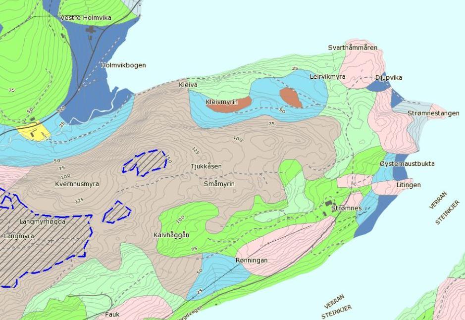 4 3 1 2 Figur 3: Løsmassekart fra NGU (2). Rød stiplet linje viser omtrentlig trasé for Strømnestunnelen.