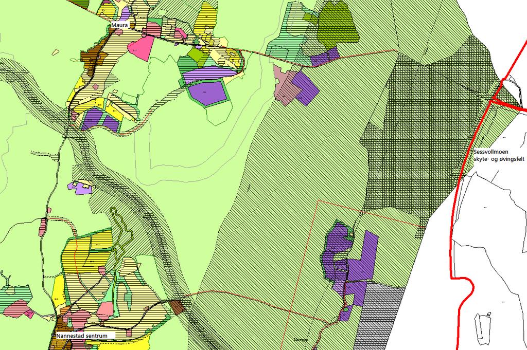 Vestre grense for planområdet markert med tykk rød linje.