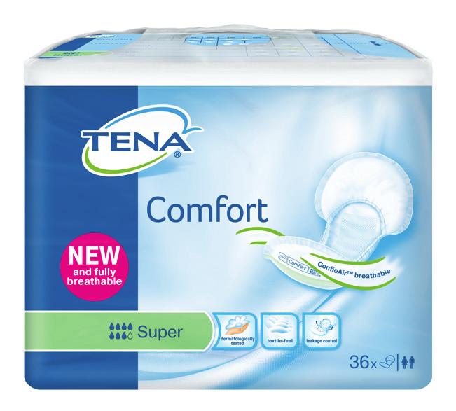 Art.nr. Produktnavn TENA Comfort finnes i fem ulike absorpsjonsnivåer. FeelDry TM overflaten bidrar til at bleien føles tørr og trygg. En pustende variant er tilgjengelig via apotek og bandagist.