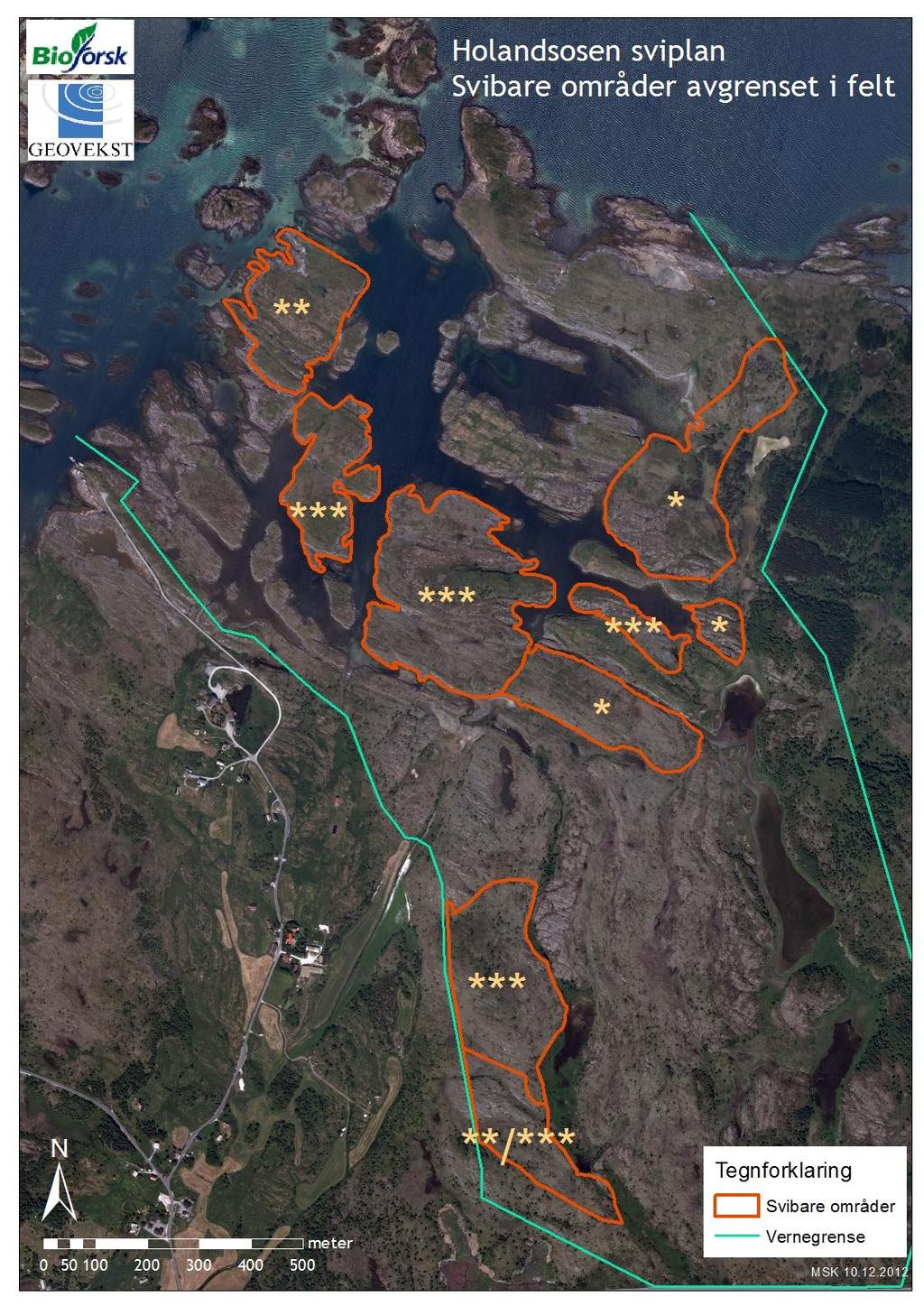 Figur 4. Oversikt over svibare områder i Holandsosen naturreservat. *** = høy prioritet, ** = middels prioritet, * = lav prioritet.