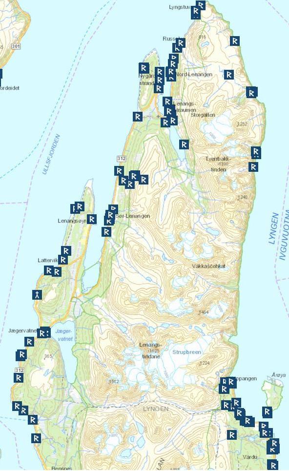 I henhold til gamle reindriftkart er det flere faste hvileplasser, skillesteder, vaktplasser og lignende innenfor vernegrensen. Figur 4. Registrerte kulturminner i og ved landskapsvernområdet.