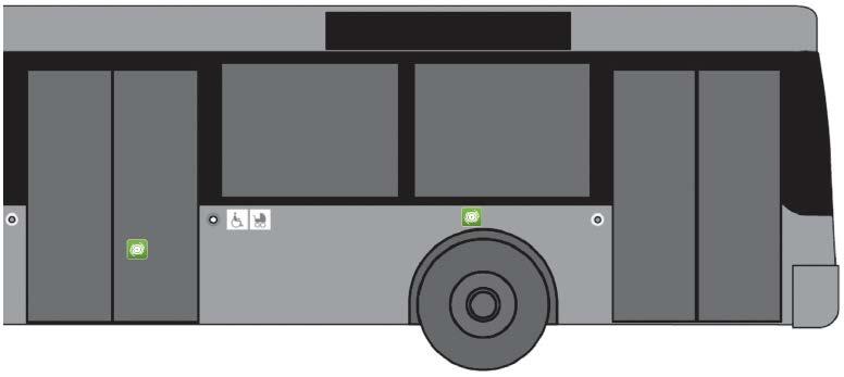 4.3 Eksempler på bruk på driftsmidler Symbolet tilpasses i størrelse til øvrige informasjonspiktogram. For nærmere detaljert plassering henviser vi til de ulike trafikkselskapenes designmanualer. 4.