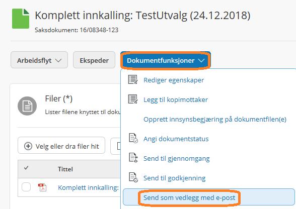 Sende komplett møteinnkalling til medlemmer på e-post Du kan sende produsert møteinnkalling til medlemmer ved å klikke på tittel Send som vedlegg med e-post.