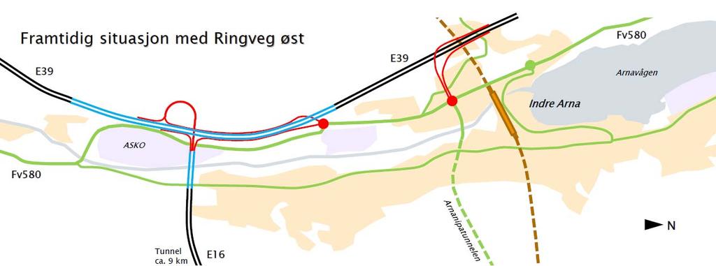 Figur 0-3: Illustrasjon av mulig midlertidig kopling mellom ny E16 og fv580 ved Asko i Arna.