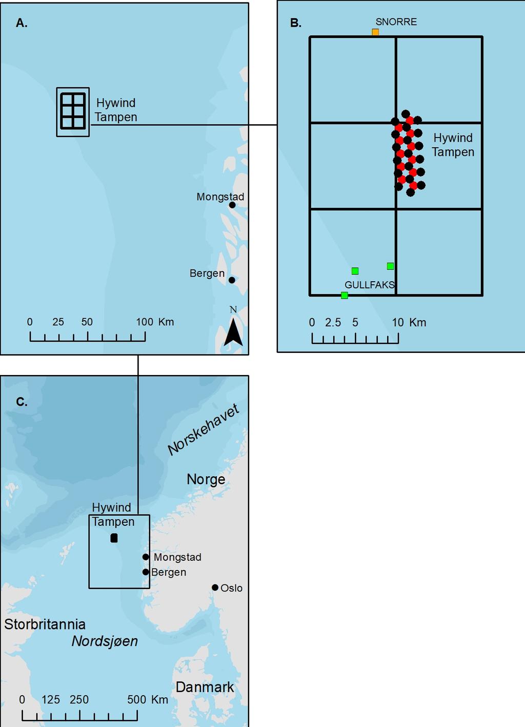 Figur 2.2. Hywind Tampen vindpark og utredningsområdet plassert i tre ulike skalaer. Hywind Tampen er lokalisert 140 km fra kysten av Norge (A).