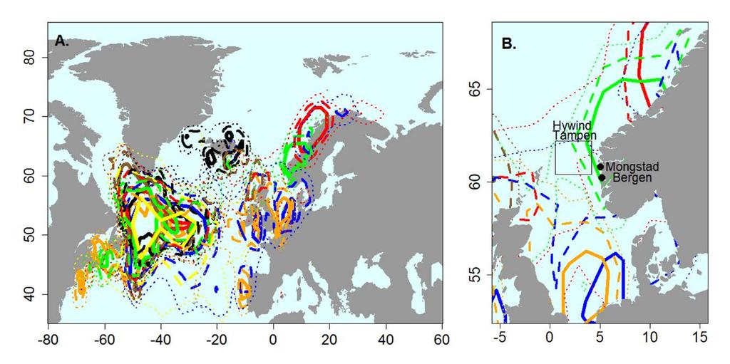 SEATRACK er kilden til dataene på sjøfuglers bevegelsesmønster utenfor hekkesesongen. Kartet til venstre viser koloniene som inngår i SEATRACK.