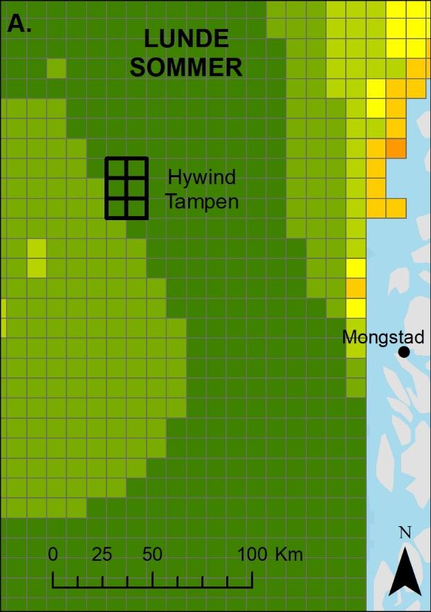 3.3.10 Lunde Figur 3.15. Utbredelse av lunde innenfor og rundt utredningsområdet Hywind Tampen i periodene sommer (A), høst (B) og vinter (C).