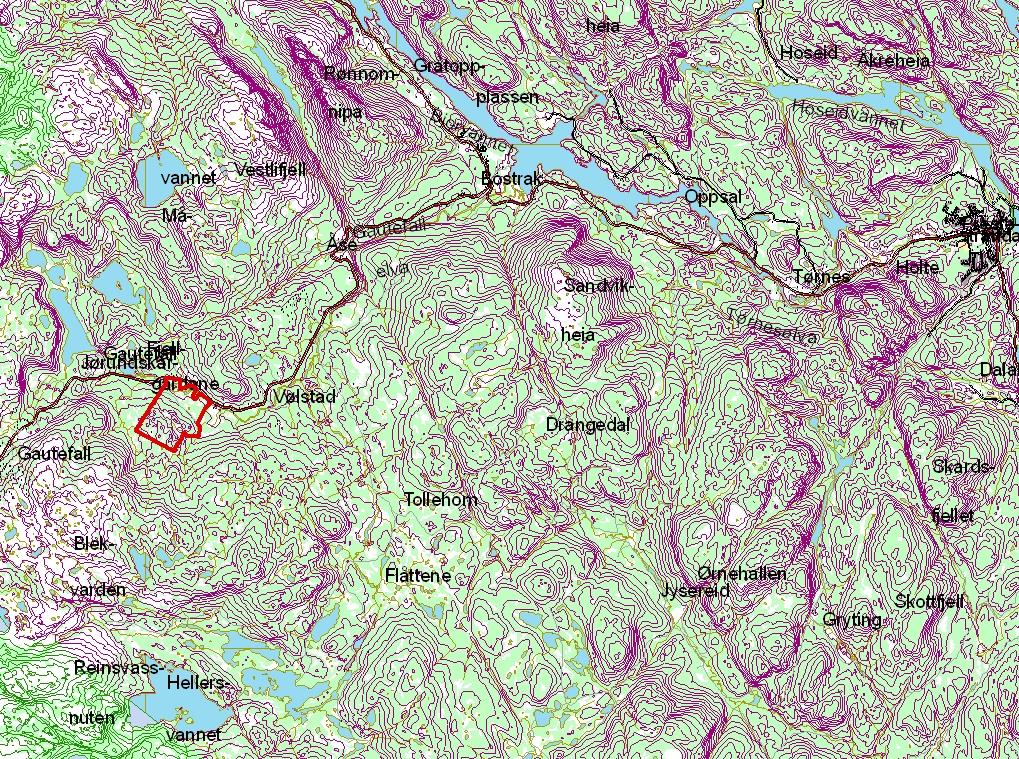 Området Planområdet ligger på østsida av Gautefallheia, jf kartavmerking. Bilde 1: Planområdet markert med rød strek. Målestokk 1:75000 Atkomst til planområdet er via Fv 358 ved Fjelltun Leirskole.