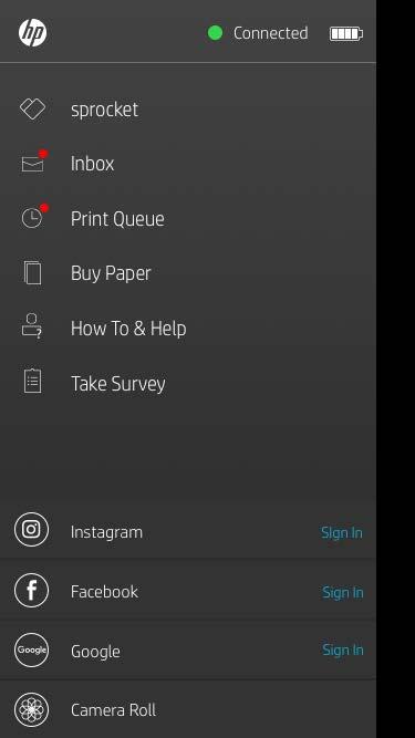 Navigere Sprocket-appen Menynavigering Hovedmeny Ta et bilde eller skanne en utskrift Vis informasjon om sammenkoblet skriver Få meldinger og varsler fra