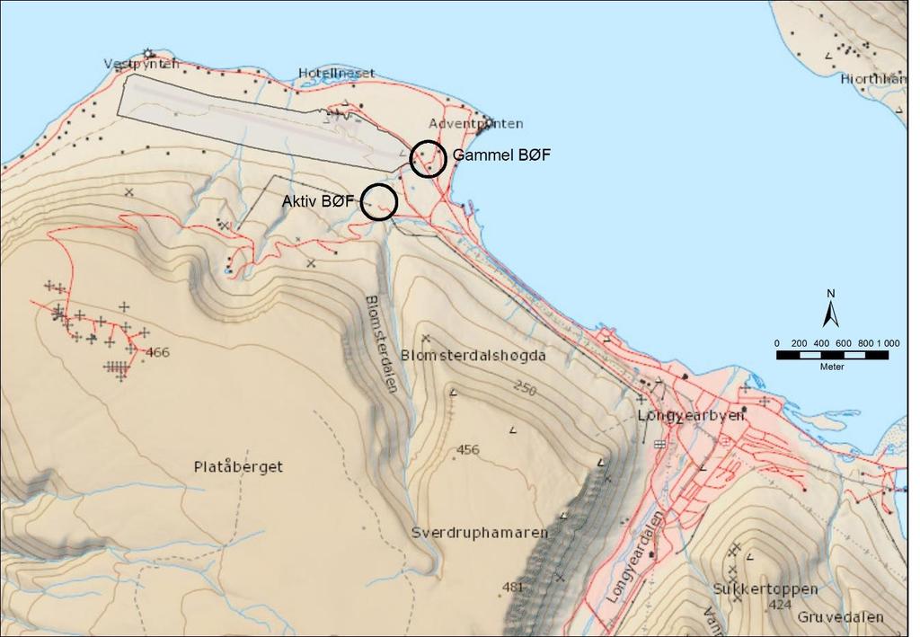 Figur 1-1: Oversiktskart for Svalbard lufthavn, Longyear, med beliggenhet i forhold til Longyearbyen.