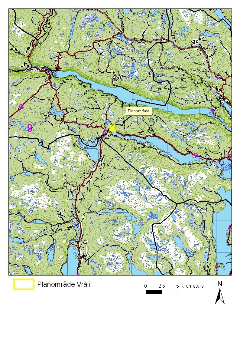 Området Planområdet ligg i Vråliosen, rett N for vestre del av Vråvatn i Kviteseid kommune, nesten
