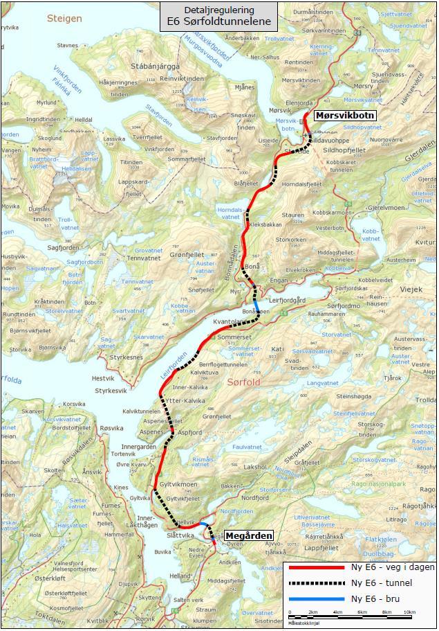 1 Innledning Statens vegvesen er i gang med reguleringsarbeidet for ny E6 mellom Megården og Mørsvikbotn i Sørfold kommune. Strekningen er delt inn i to områder, sydlig og nordlig del.
