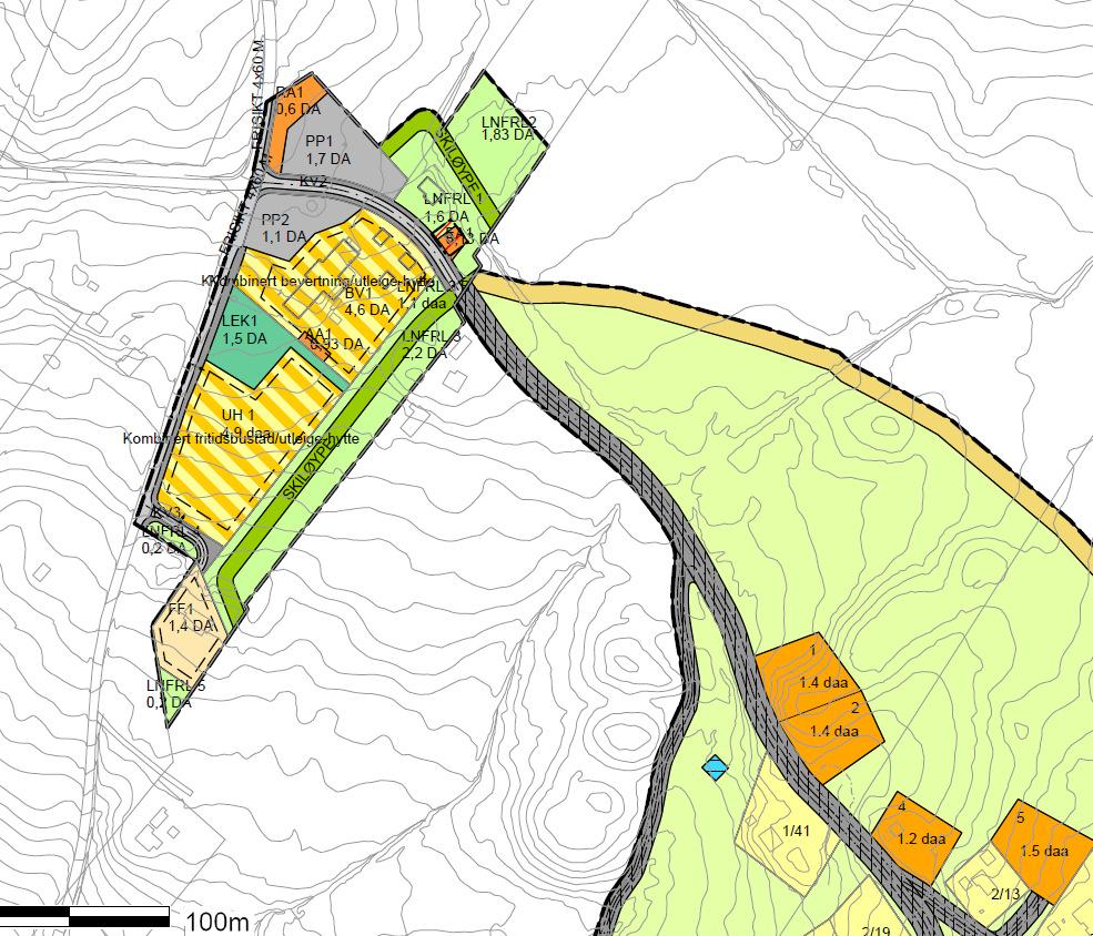 Eksisterende reguleringsplaner. Kart 2 viser gjeldende reguleringsplan for Syndinstøga med utbyggingsområder, leikeareal, parkeringsareal og infrastruktur.