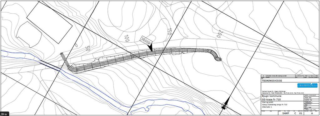 FV 710 Botngård 2 av 9 2.1 Krysse ved elv 2.1.1 Alternativ 1a - Gang- og sykkelveg langs fv 710 For kryssing ved elv har vi sett på stigningsforhold ved å legge gang- og sykkelvegen langs fv 710.