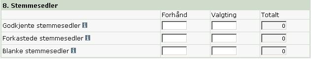 Det totale antall stemmegivninger oppgis. Med bakgrunn i antall personer med stemmerett og antall stemmegivninger beregnes valgdeltagelsen i avstemmingen. 8.