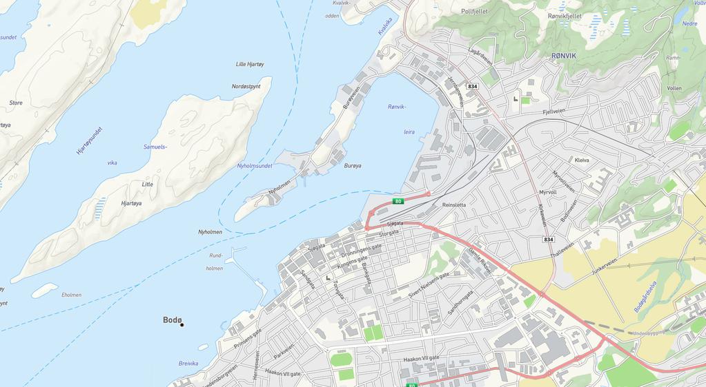 Røde linjer viser forslag til nye prioriterte sykkelruter for vinterdrift. Statens vegvesen har ansvar for driften av fylkesveier,bl.a. RV 80 og siste del av Jernbaneveien inn mot Sjøgata.