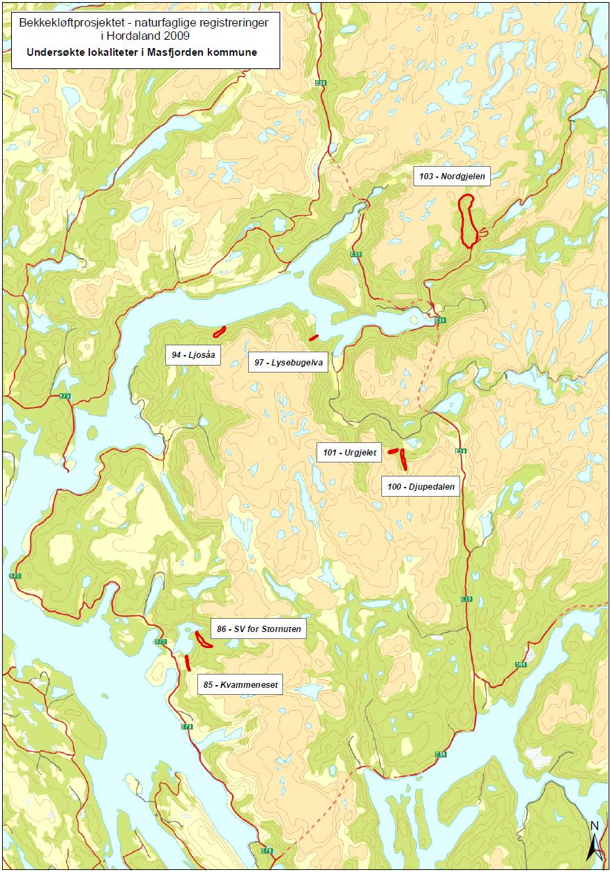 UNDERSØKELSESOMRÅDET De undersøkte lokalitetene i Masfjorden kommune er vist på kart i figur 1